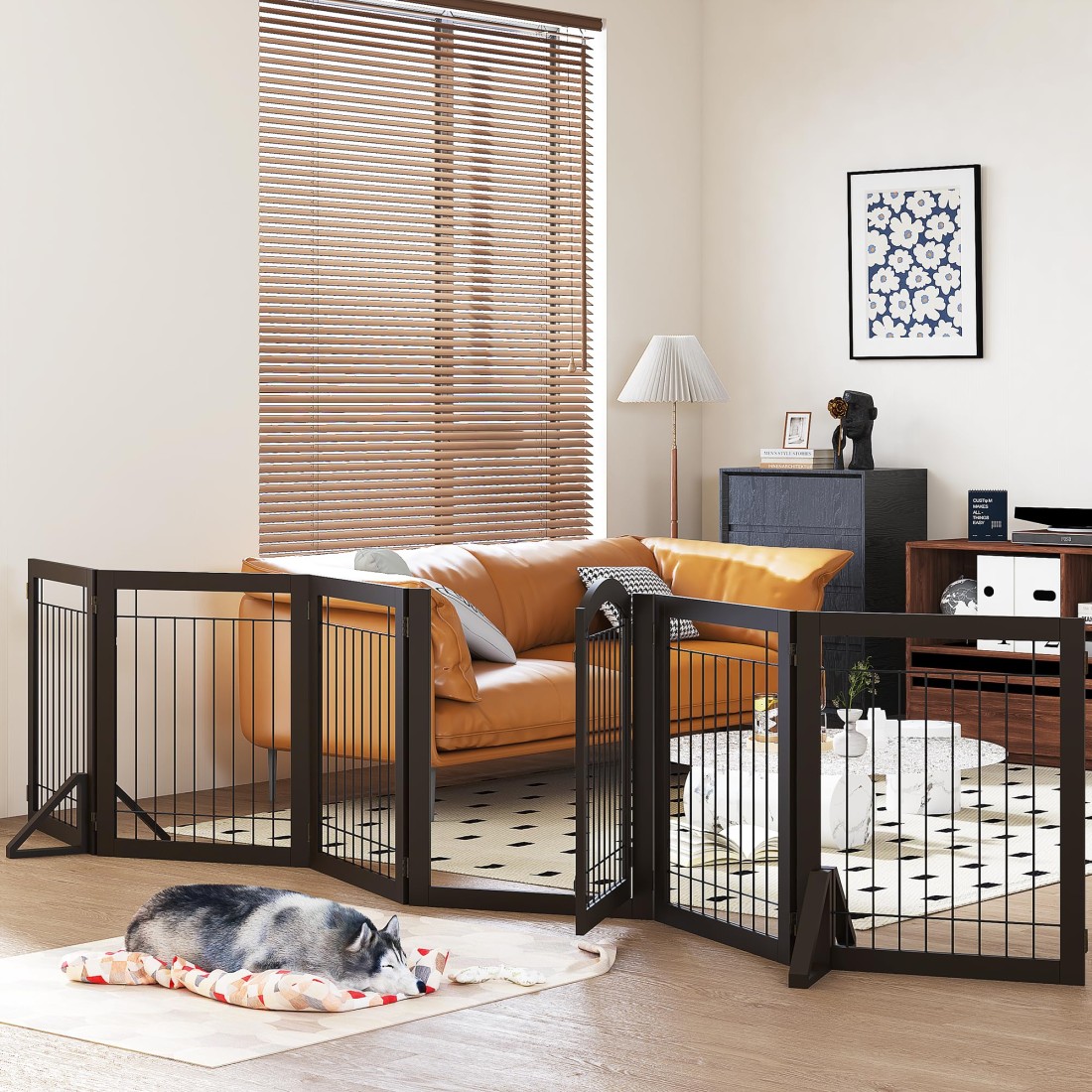PAWLAND 144inch Extra Wide 30inches Tall Dog gate with Door Walk Through Freestanding Wire Pet Gate for The House Doorway Stairs Pet Puppy Safety Fence Support Feet Included Espresso6 Panels