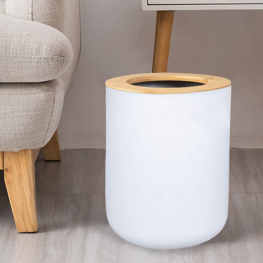 White Waste Bin With Bamboo Lid