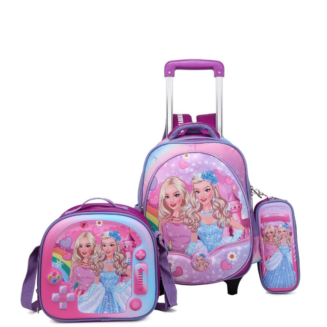 Baby Backpack 3Pcs For Baby Girls 1 lunch 1 Pencil Box And 1 Bag With Adjustable Strap For School 2 Wheels 14 Inch