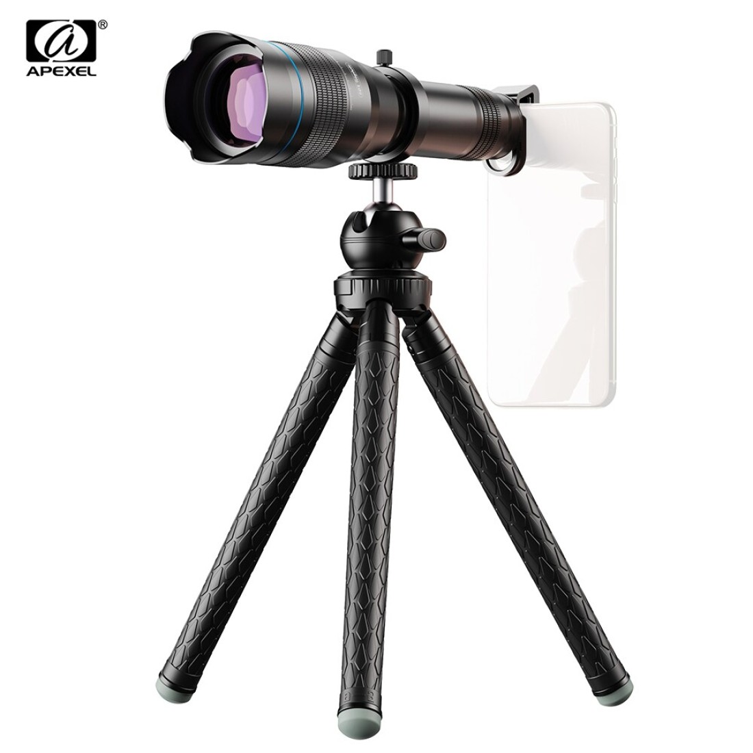 مجموعة عدسات تيليفوتو معدنية 60X اتش دي من APEXEL-APL-JS60XJJ09 تلسكوب أحادي مع حامل ثلاثي ميني قابل للتمديد وكأس العين وحقيبة عدسات محمولة لجميع الهواتف الذكية للسفر والصيد