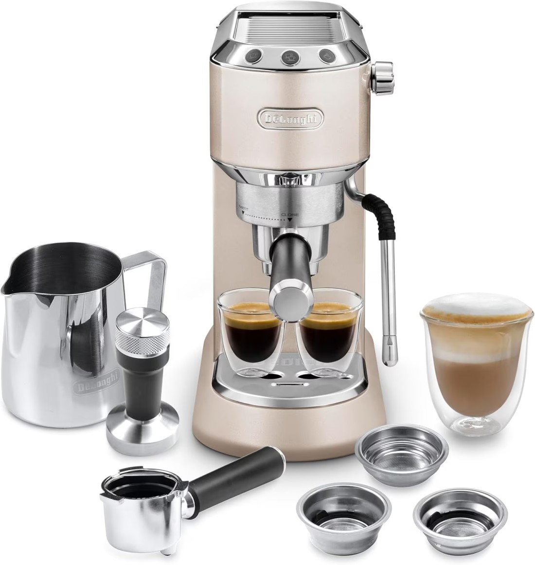 De&#39;Longhi Dedica Arte Espresso Machine - MyLatteArt Milk Foam Nozzle, 15 BAR Pressure, Steel Tamper Included, Beige Gold - Create Perfect Espresso, Cappuccinos, and Latte Art at Home - EC885.BG