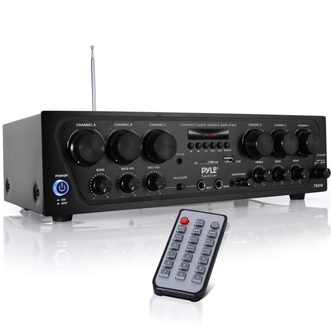 Pyle Wireless Bluetooth Home Audio Amplifier SystemUpgraded 6 Channel 750 Watt Sound Power Stereo Receiver wUSB Micro SD Headphone2 Microphone Input wEcho Talkover for PA PTA62BT5