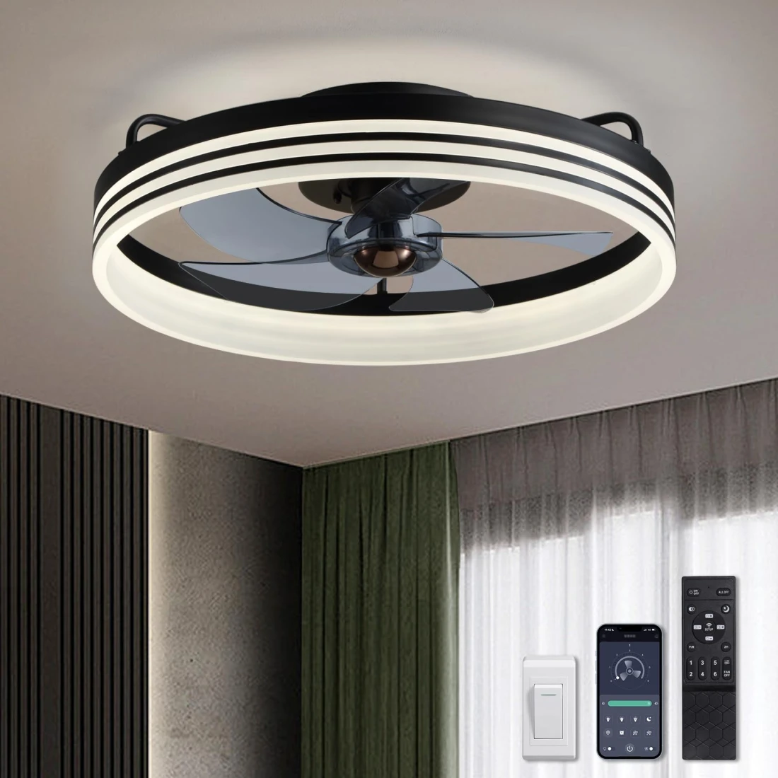LUDOMIDE Ceiling Fans with Lights, Flush Mount Ceiling Fan with Lights and Remote, 6 Wind Speeds Smart Low Profile Ceiling Fan for Bedroom, Kids Room and Living Room 20&quot; (Black)