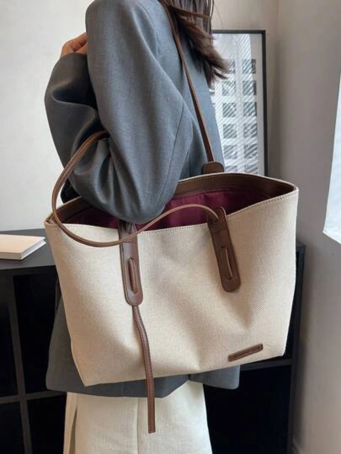 Large Capacity Foldable Shoulder Strap Tote Bag Suitable For Women Shopping Work Commute Outing Business Events Gift For Mom New In Fall Winter Larrge Capacity Shoulder Tote Bag