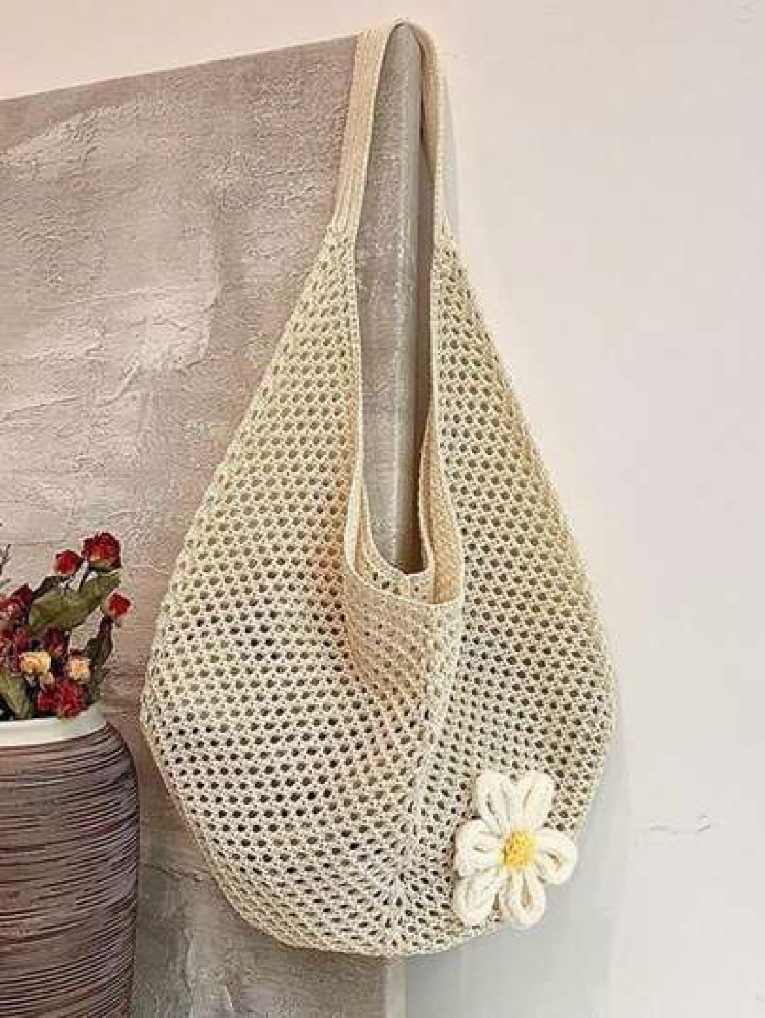Yogodlns Hollow Out Weave Bag Bohemian Style Beach Handbag Hollow Tote Bag Large Capacity Slouchy Style Beach Bag Shopping Women Casual Beach Bag Large Capacity Crochet Flower Tote Bag Fashion Tote Ha