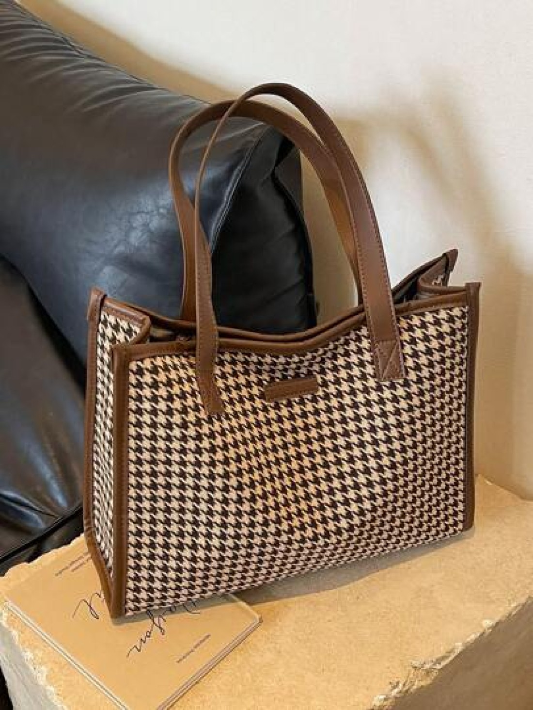 Houndstooth Pattern Large Tote Bag For Women Stylish Simple Design Versatile For Commuting And Going Out Shoulder BagSchool Bag Back To School Backpack Large Capacity Lightweight Portable Business Cas