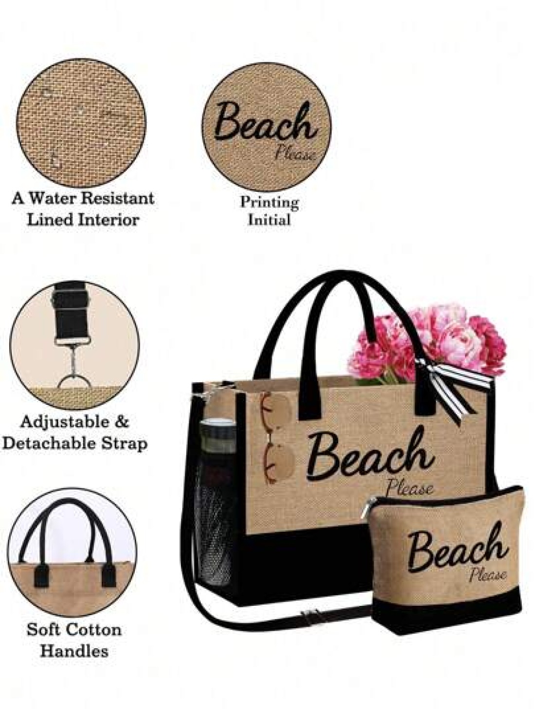 1set Beach Letter Print Tote Simple Linen Tote Reusable Grocery Shopping Tote Bag And Makeup Bag Holiday Gift Bag Perfect For Vacation Travel Khaki Summer Essentials Perfect For Vacation Holiday Suita