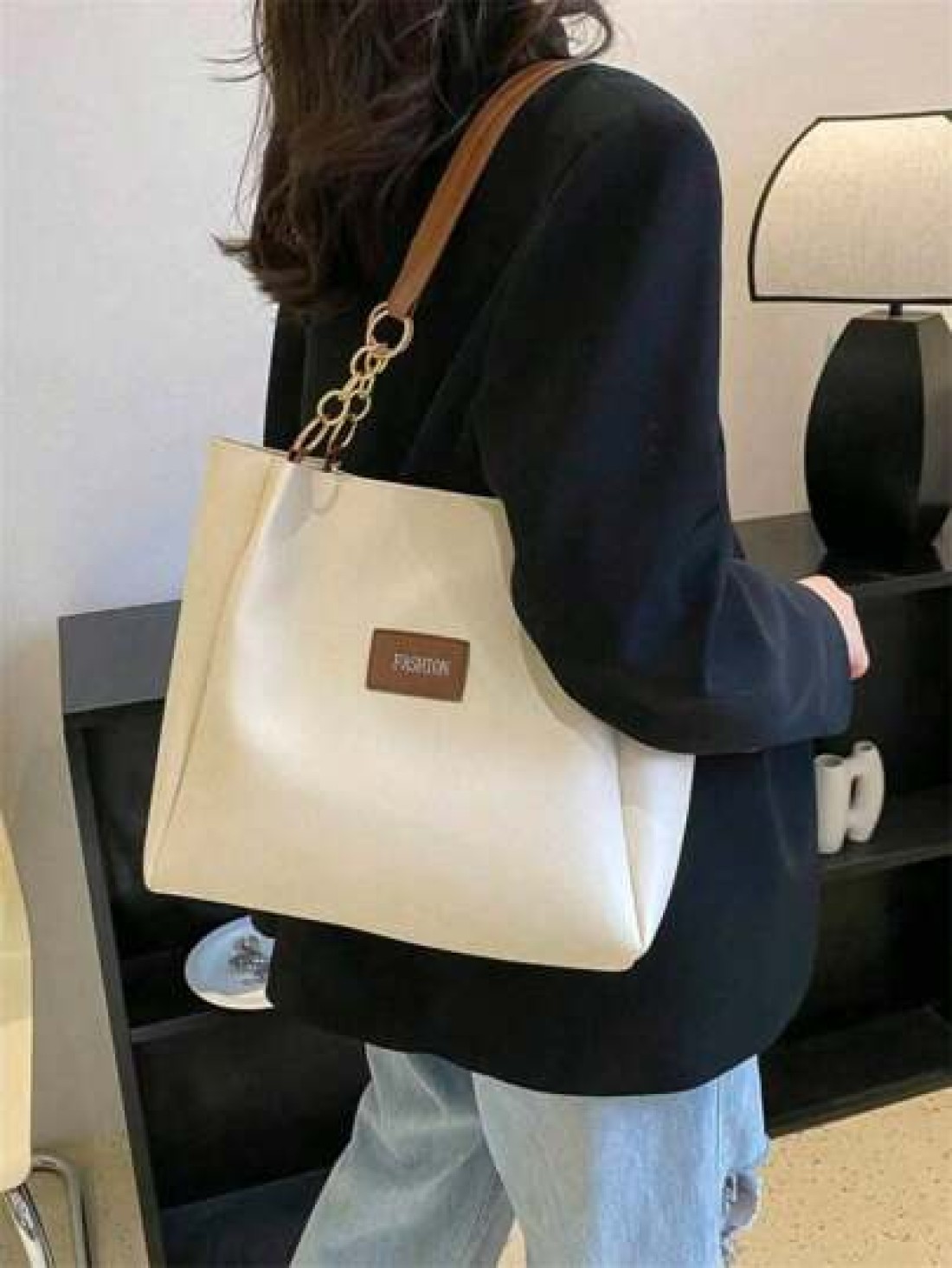 Fashion Striped Handbag Women s Large Capacity Shoulder Bag Zipper Tote Bag For Daily Use Metal Chain Strap Tote Waterproof Nylon Fabric Cow Print Back To School