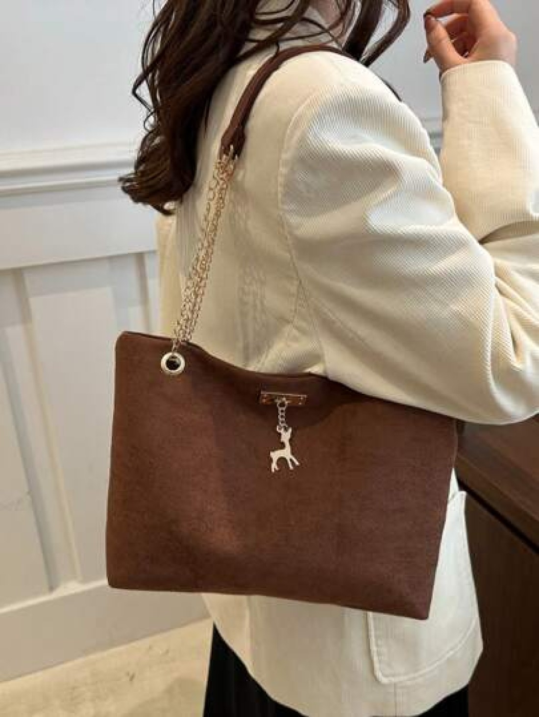1pc Polyester Deer Decoration Large Capacity Zipper Closure Fashion Shoulder Tote Bag Suitable For Women Daily Use