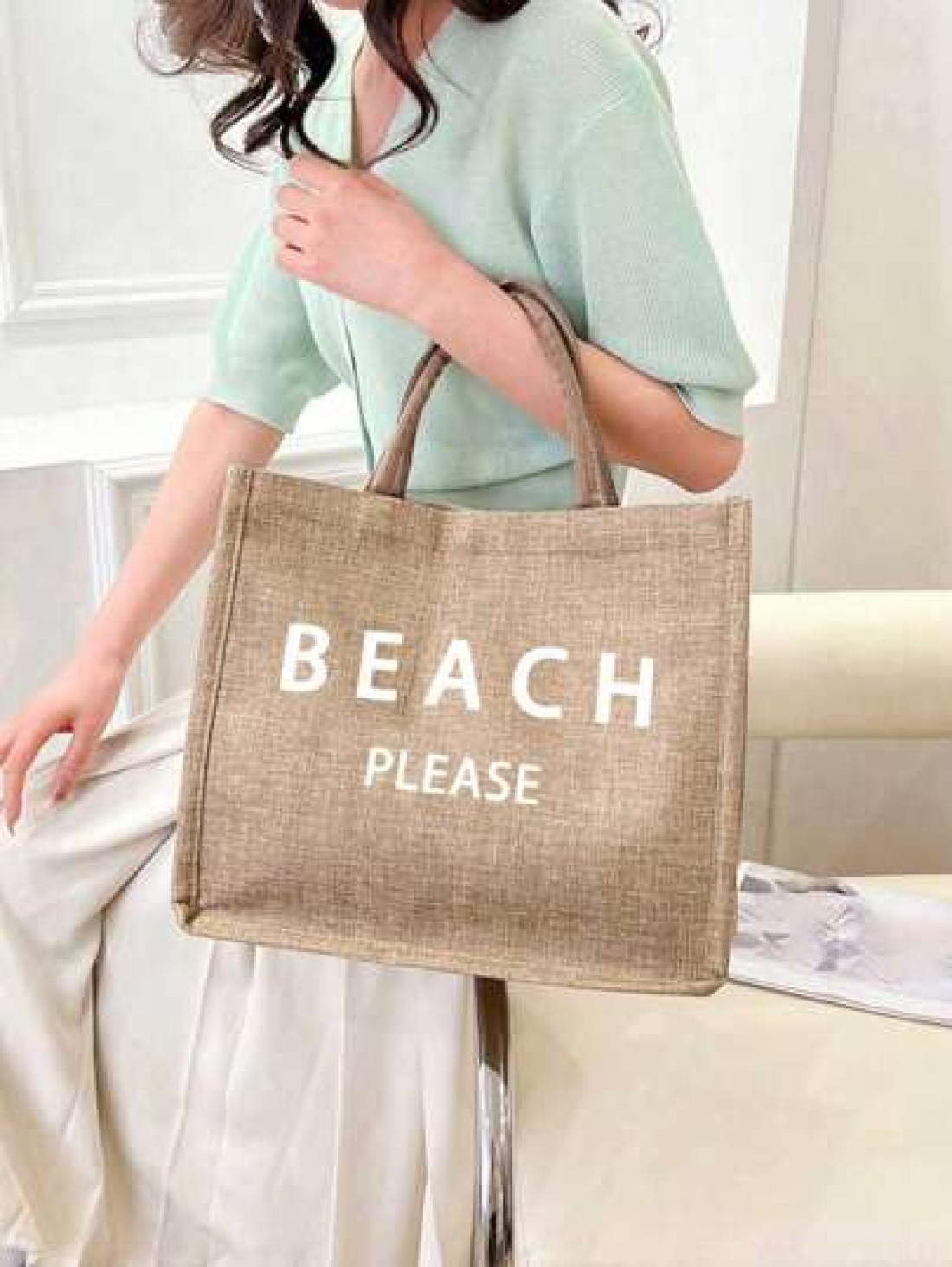 Beach Letter Theme Yellow Flax Brown Handbag Plus A Small Bag With A Hand Rope And A Bow Hat Bridesmaid Personalized Wedding Gift Bag Travel Storage Bag Cosmetic Storage Bag Coin Purse Direct Storage