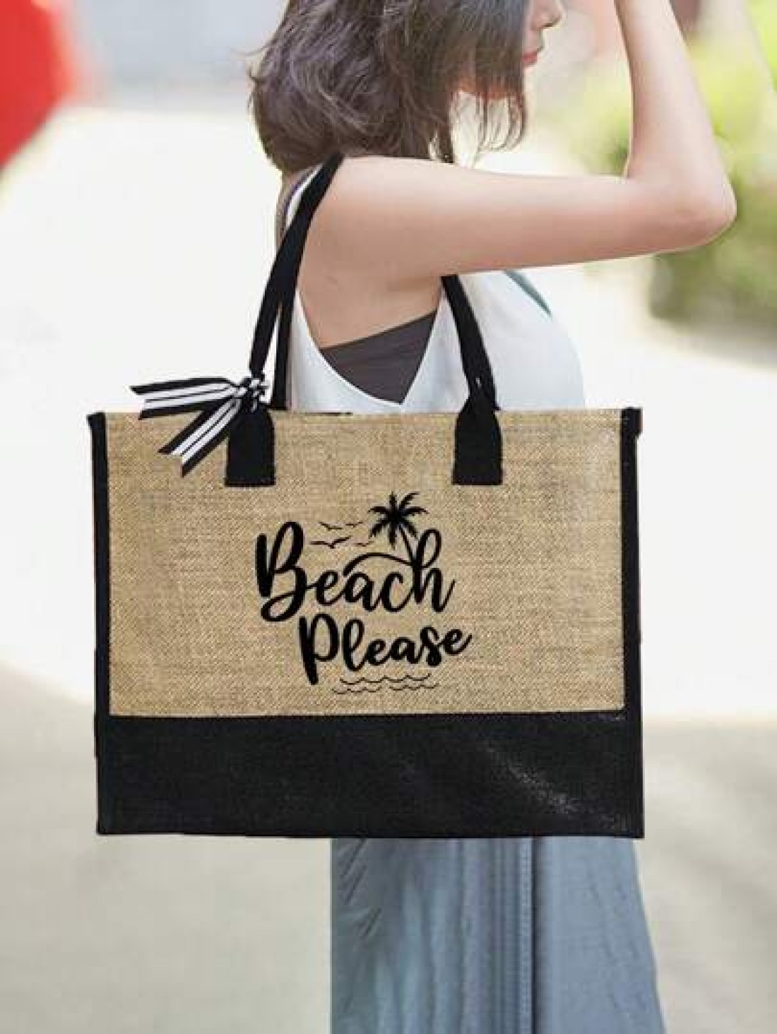 Beach Themed Beach Tote Bag Set For Women Printed With Artistic Letters Beach Beach And Coconut Tree Pattern Large Capacity Handbag And Two Makeup Bags
