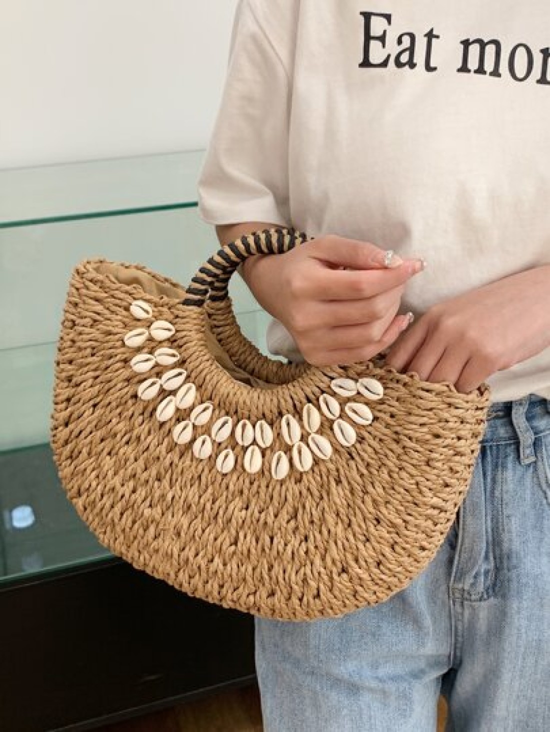 Tropiscape 2025 Fashion Hollow Straw Shell Bag Handwoven Semi Circle Tote Handbag Suitable For Beach Holiday Daily Use Travel Parties Gift For Women Bohemia Chill Vacation