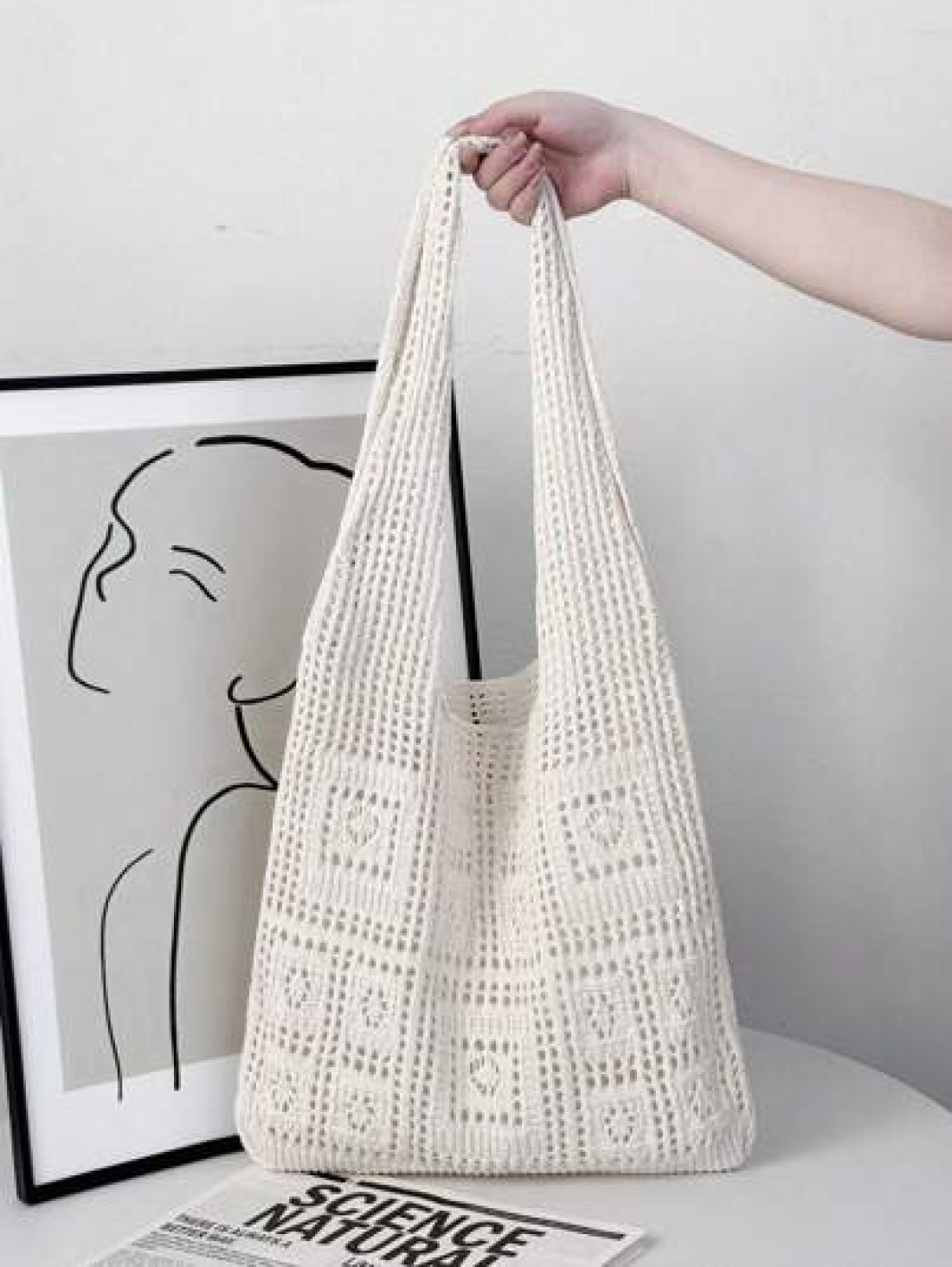 Minimalist Crochet Bag Hollow Out Design Vacation School Bag Large Capacity Portable For Teen Girls Women College Students White Collar Workers Perfect For Work Back To School Middle School High Schoo