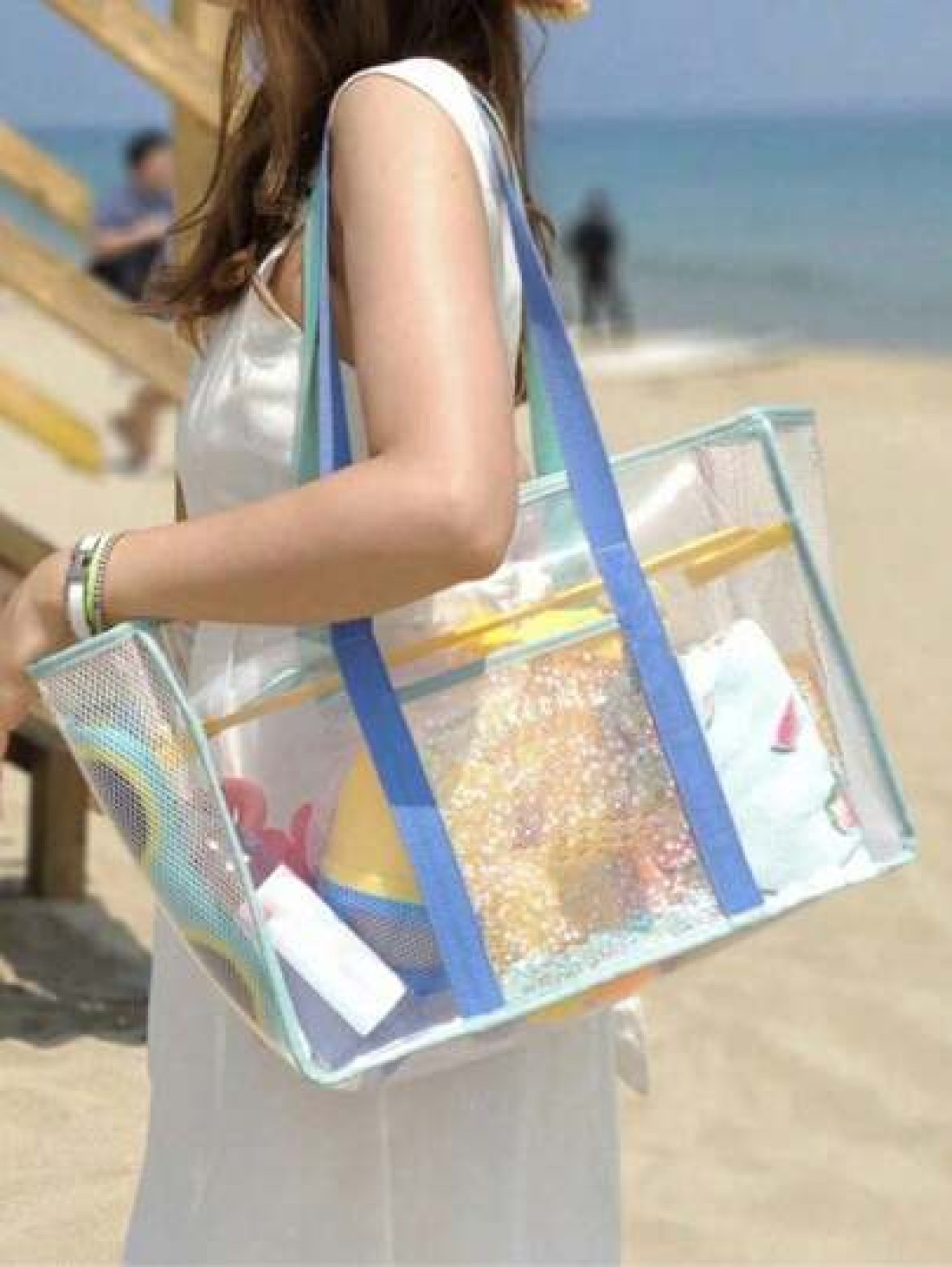 1 2pcs Clear Mesh Large Capacity Tote Bag Beach Bag PVC Waterproof Sandproof Storage Bag Mesh Beach Bag Large Beach Tote Bag Summer Beach Toy Storage Bag Bathroom Bag Foldable Shoulder Handbag Beach S