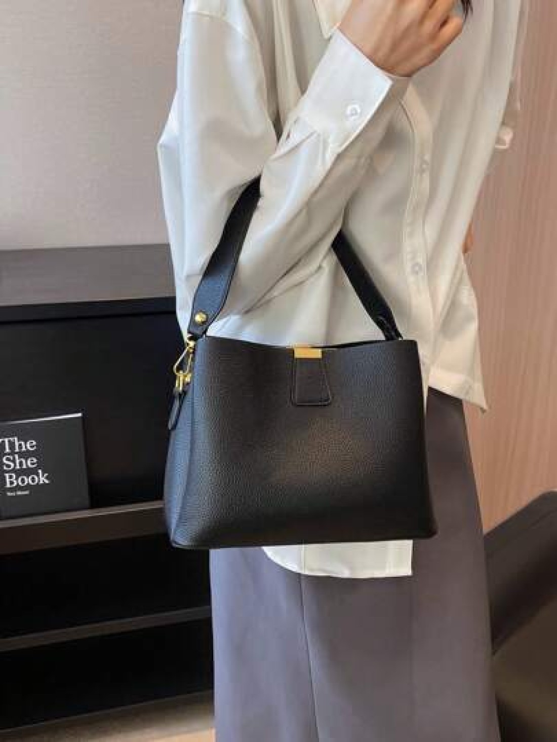 Fashion Elegant Solid Color Wide Strap PU Women Tote Bag With Shoulder Strap