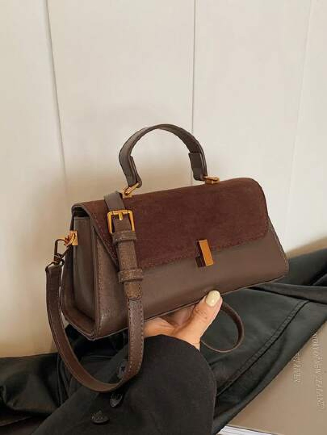 1pc Women Retro Suede Like Fashion Handbag PU Patchwork Shoulder Bag Small Square Daily Work Purse