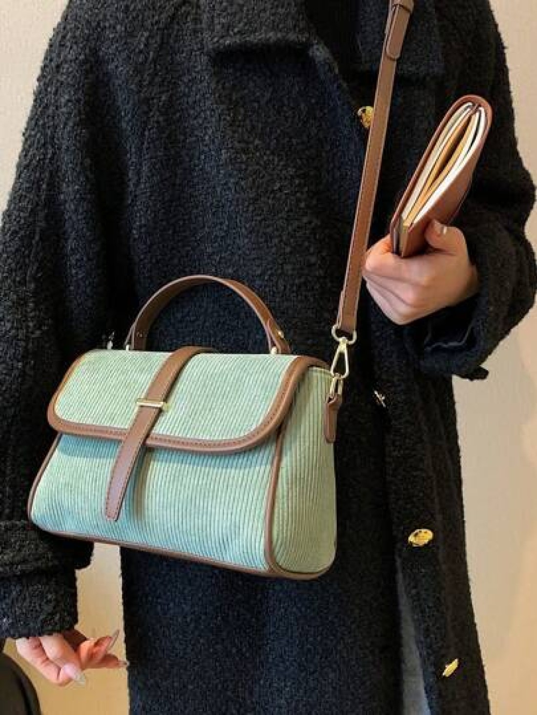 Corduroy Flap Good Quality With PU Leather Handbag Women s Bag Adjustable Crossbody Bag