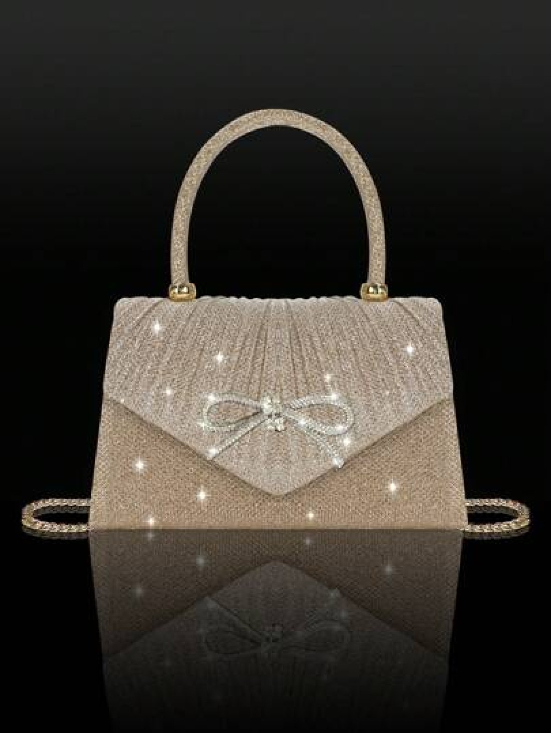 Shiny And Elegant Mini Bow Women s Evening Bag Paired With Exquisite And Luxurious Rhinestone Necklace And Earrings Two Pieces Set New Solid Color Pleated Flap Handbag Suitable For Holiday Parties Dan