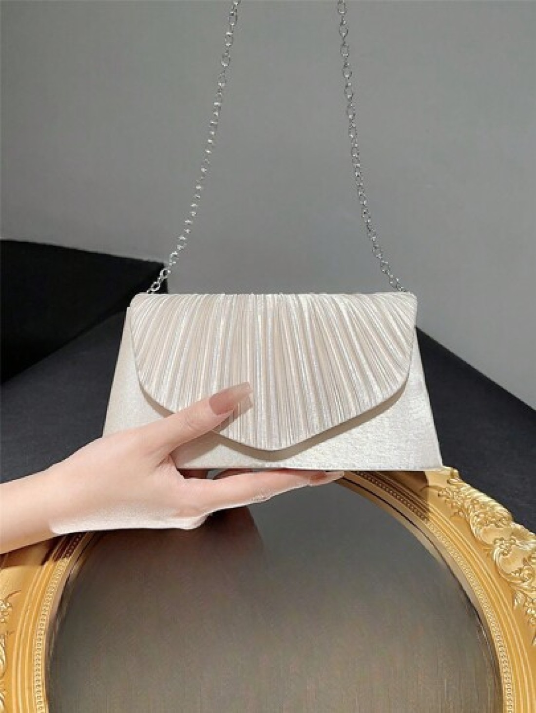 Women Classic And Elegant Pleated Design Clutch Bag With Flap Perfect For Formal Parties Romantic Weddings Dances And Evening Events Can Be Used As Handbag Envelope Bag Or Chain Bag Fits With Evening