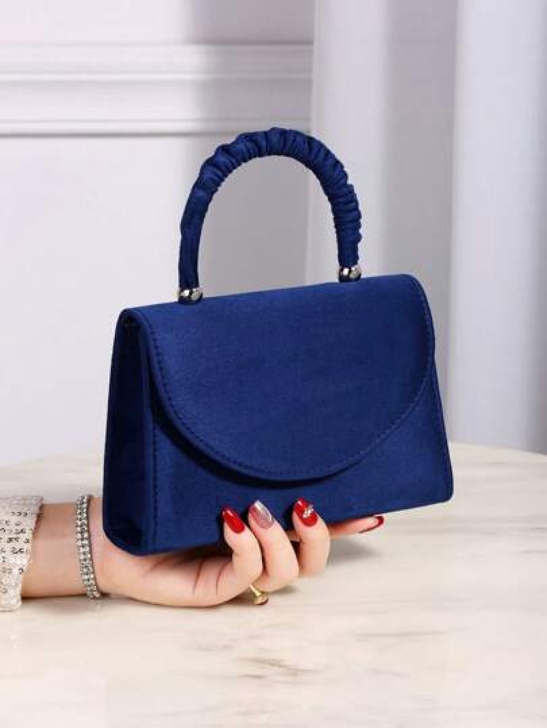 Elegant And Fashion Navy Blue Corduroy Handbag Wrist Pleated Magnetic Closure Flap Cover Evening Bag Suitable For Ladies Daily Use Birthday Party And Wedding Ball Chain Bag Best Birthday And Valentine