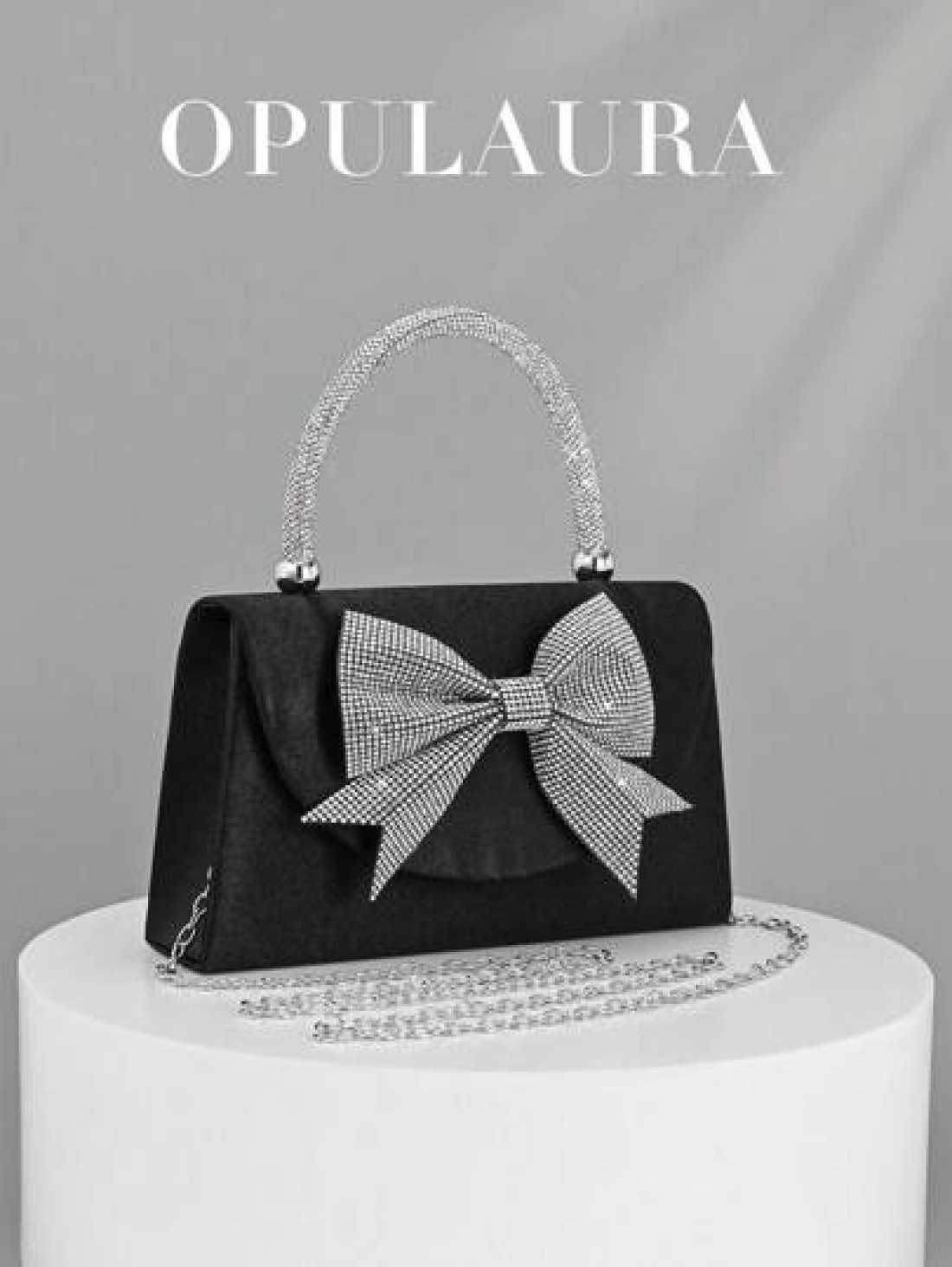 OpulAura Women s European And American Fashion Black Satin Flap Clutch Evening Bag Sparkling Elegant Bowknot Rhinestone Decor Party Handbag Luxury Satin Formal Dress Bag Chain Shoulder Bag Suitable Fo