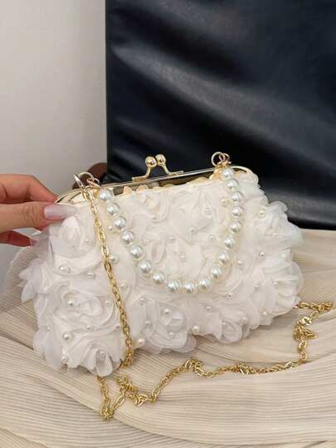 1pc White Romantic Wedding Season 2025 Spring Summer Pearl Net Yarn Flower Clip Pearls Handbag Ladies High End Luxurious Dress Evening Bag Bridal Bag For Wedding Party Banquet Elegant Pearl Bag Exquis
