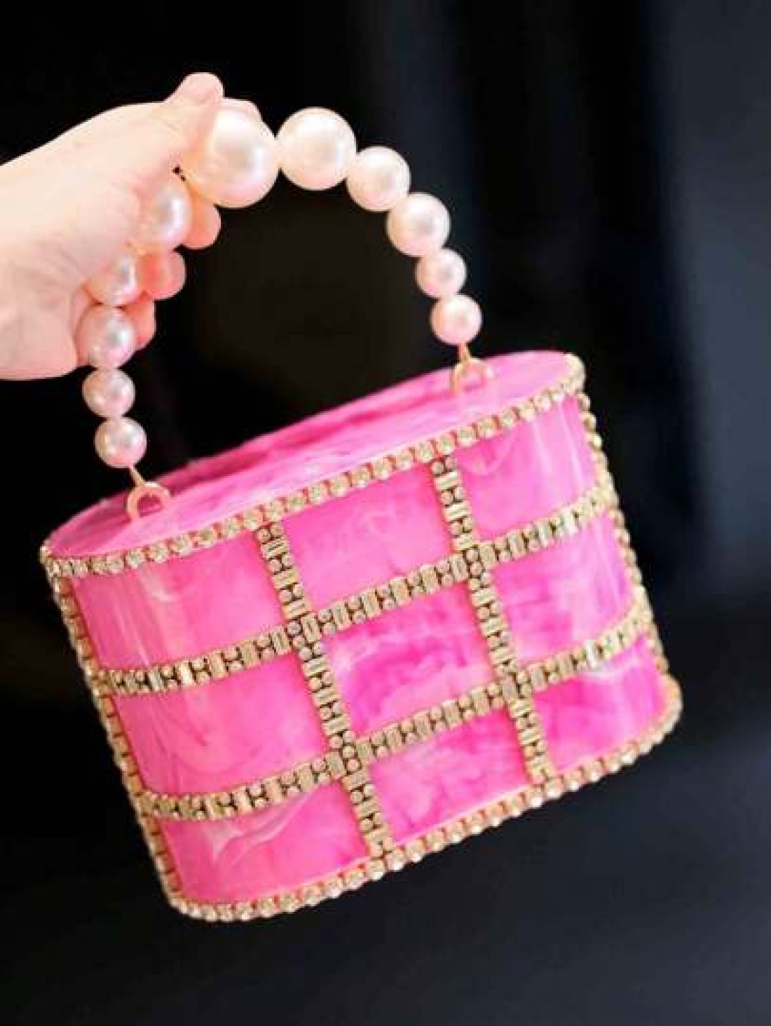 1pc Rose Pink Marble Texture Rhinestoned Pearl Party Clutch Bag With Chain Strap Luxury Evening Bag Suitable For Wedding Gala
