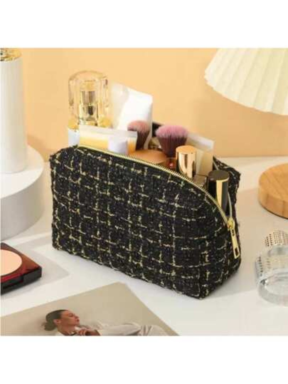 1pc Large Capacity Checkerboard Hand Woven Cosmetic Bag Portable Toiletry Organizer Travel Case For Travel Storage Bag Makeup Bag Cosmetic Bag Vacation Organizer Large Capacity Makeup Organizer Makeup