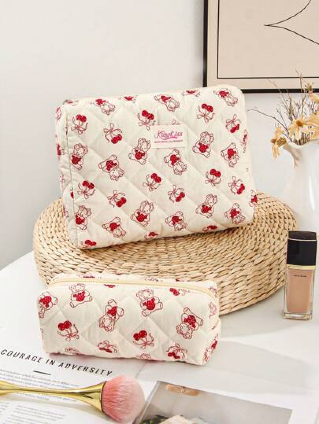 1 Piece Cherry Bear Cosmetic Bag Set Cherry Pattern Multifunctional Makeup Bag Square Large Capacity Makeup Bag Travel Toiletry Bag Aesthetci Toiletry Bag Pencil Case Skincare Bag For Travel Cruises M