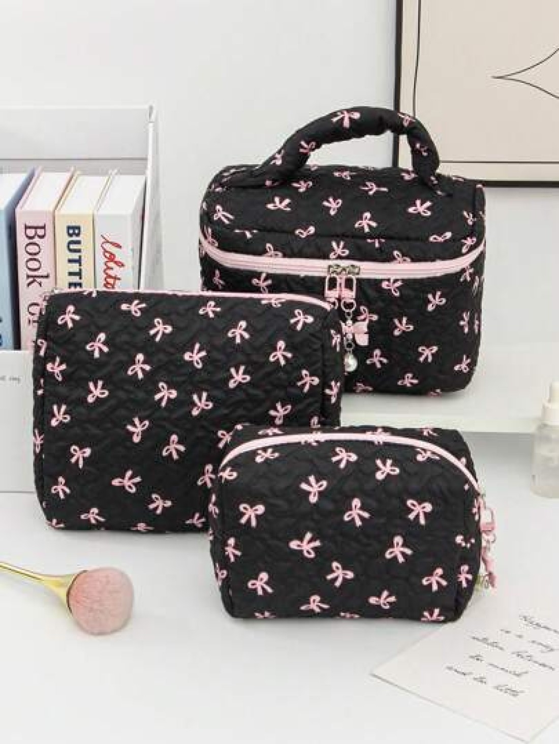 Floral Bow Decor Makeup Bag Fabric Print Zipper Pouch Sweet Style Toiletry Bag Cosmetic Bag For Home Travel Daily Use Women Makeup Organizer Makeup Storage Bag Mini Pouch Travel Small Makeup Case Acce