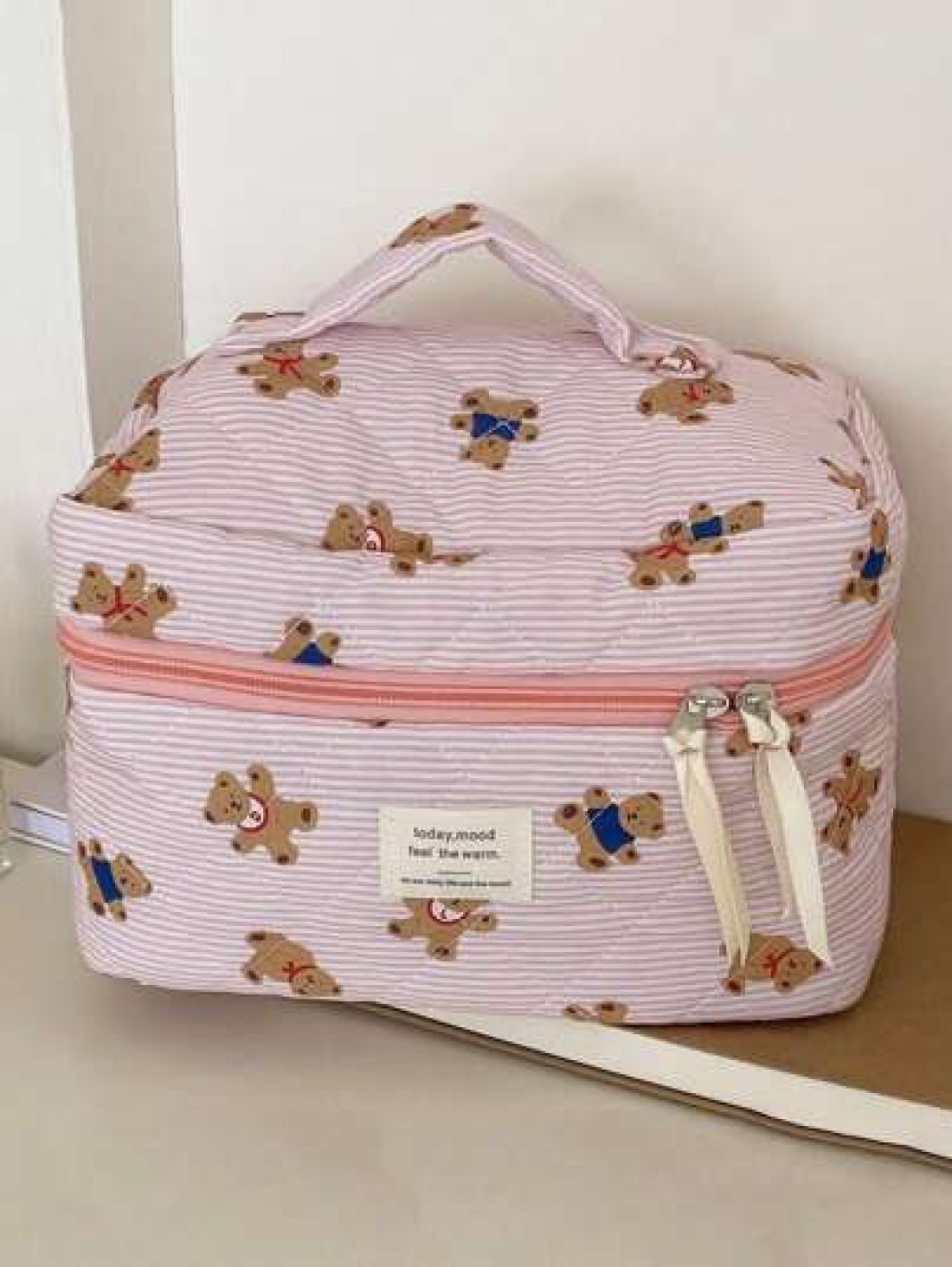 1Pc Set Cute Pink Bear Pattern Large Capacity Multifunctional Cosmetic Bag Makeup Bag Girls Make Up Bag Back To School Wallet Pouch Portable Cosmetics Brush Clutch With Zipper Closure For Lipstick Mom