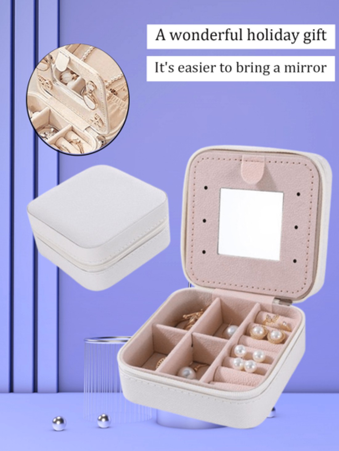 1pc PU Leather Square Jewelry Box Mirror Design Jewelry Storage Case Multifunctional Desktop Organizer Box Removable Compartments Suitable For Rings Earrings Necklaces Lipsticks Makeup Organizer