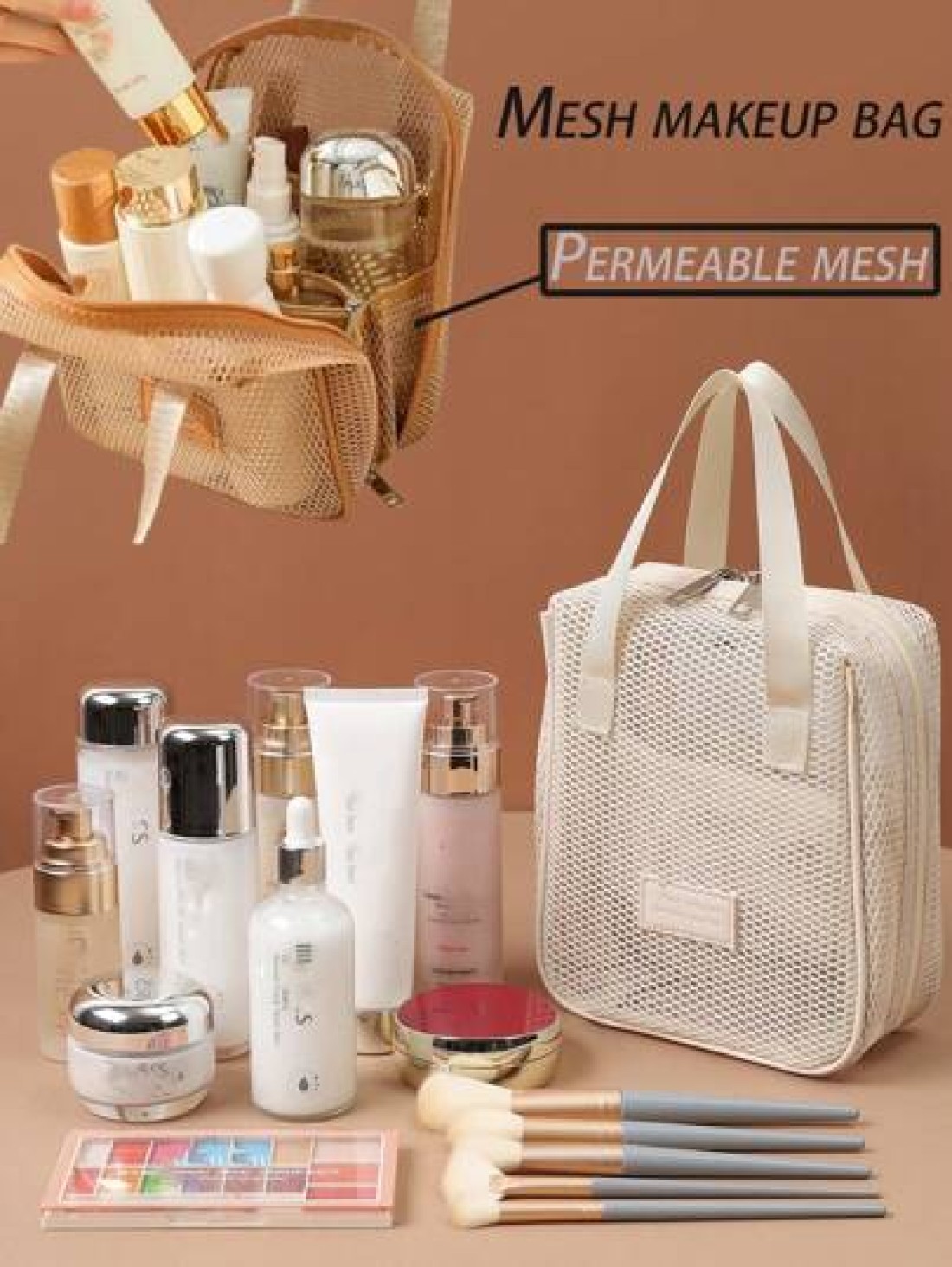 1pc Large Capacity Ivory Mesh Makeup Bag Portable Travel Toiletry Bag Multi Functional Storage Pouch Zipper Bag Travel Bag For Cosmetics Skincare Phones Jewelry And Small Items Gift Vacation Multiple