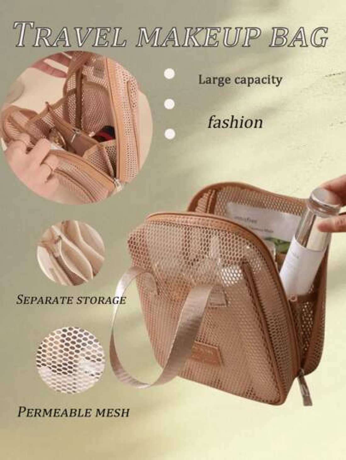 1pc Large Capacity Mesh Cosmetic Bag Portable Travel Toiletry Organizer Multi Function Storage Pouch With Zipper Mesh Bag For Cosmetics Skincare Phones Jewelry And Small Items Gift Travel Multiple Col
