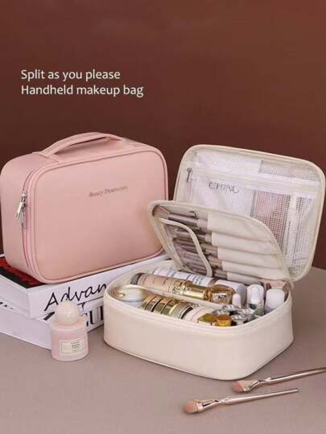 1pc Multifunctional PVC Makeup Bag Summer Travel Cosmetic Organizer Bag Waterproof Bathroom Storage Pouch For Skincare Makeup Brushes Eyeshadow Palette Compact Powder Lotion Lipstick Jewelry Bridesmai