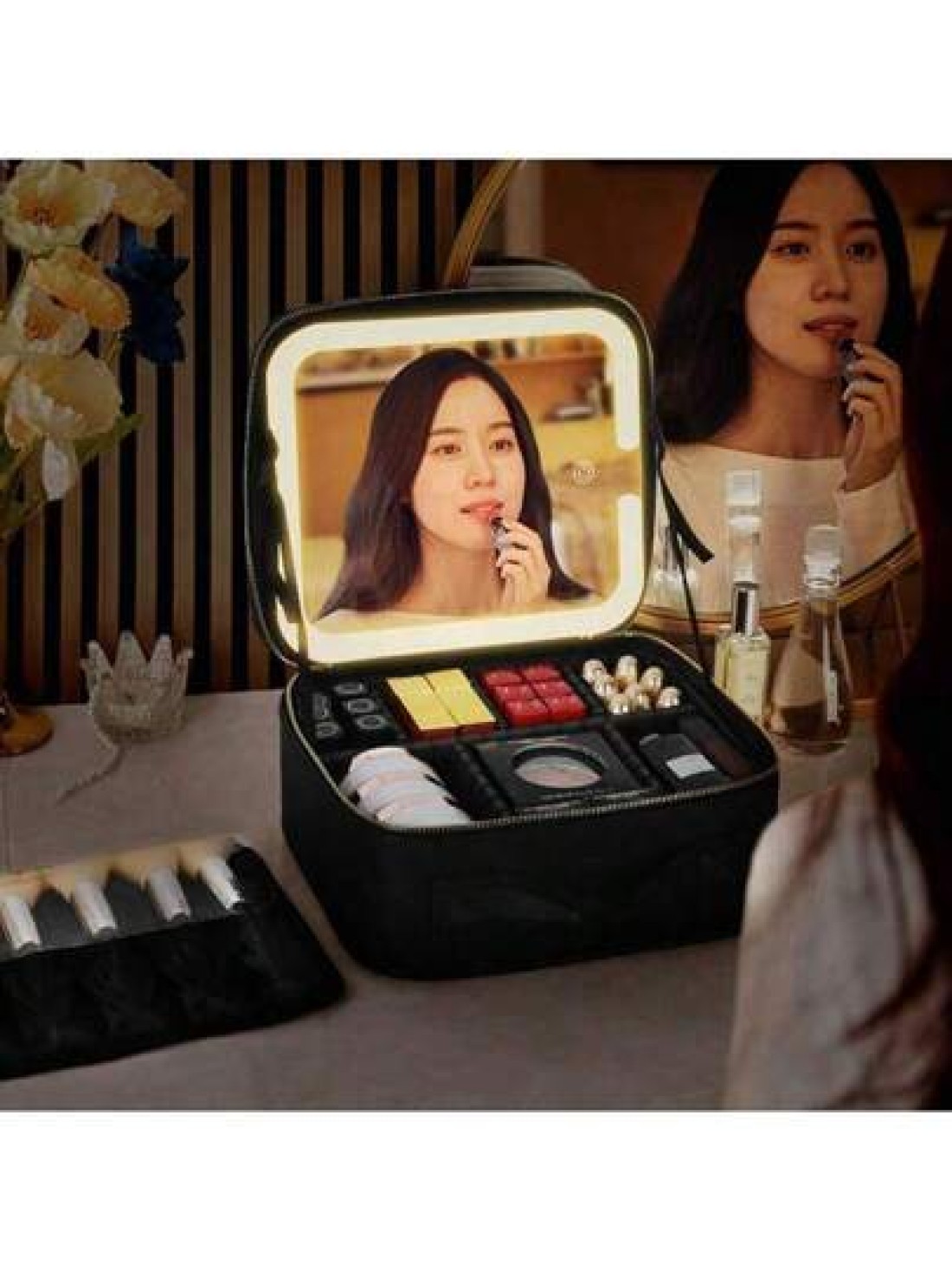 Professional Makeup Case With Lights Full Screen Mirror Cosmetic Storage Bag Fully loaded Portable Makeup Artist Brush Beauty Nail Tool Box Leather Travel Makeup Bag