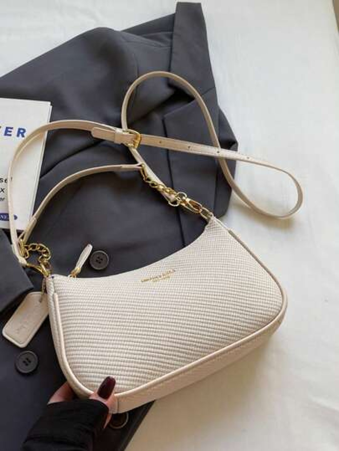 New Stylish Elegant Solid Color PU Underarm Bag With Metal Chain Handle For Women