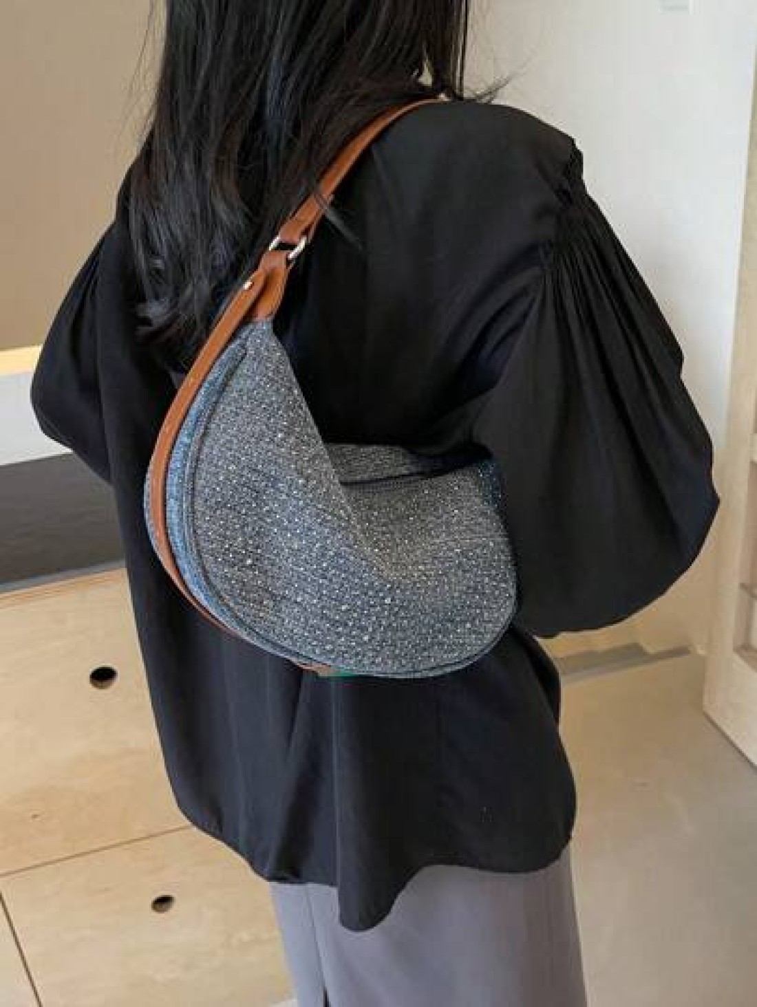 Light Blue Denim Rhinestone Decor Underarm Women Shoulder Bag Fashionable Versatile For Work Dating Casual Spring Summer