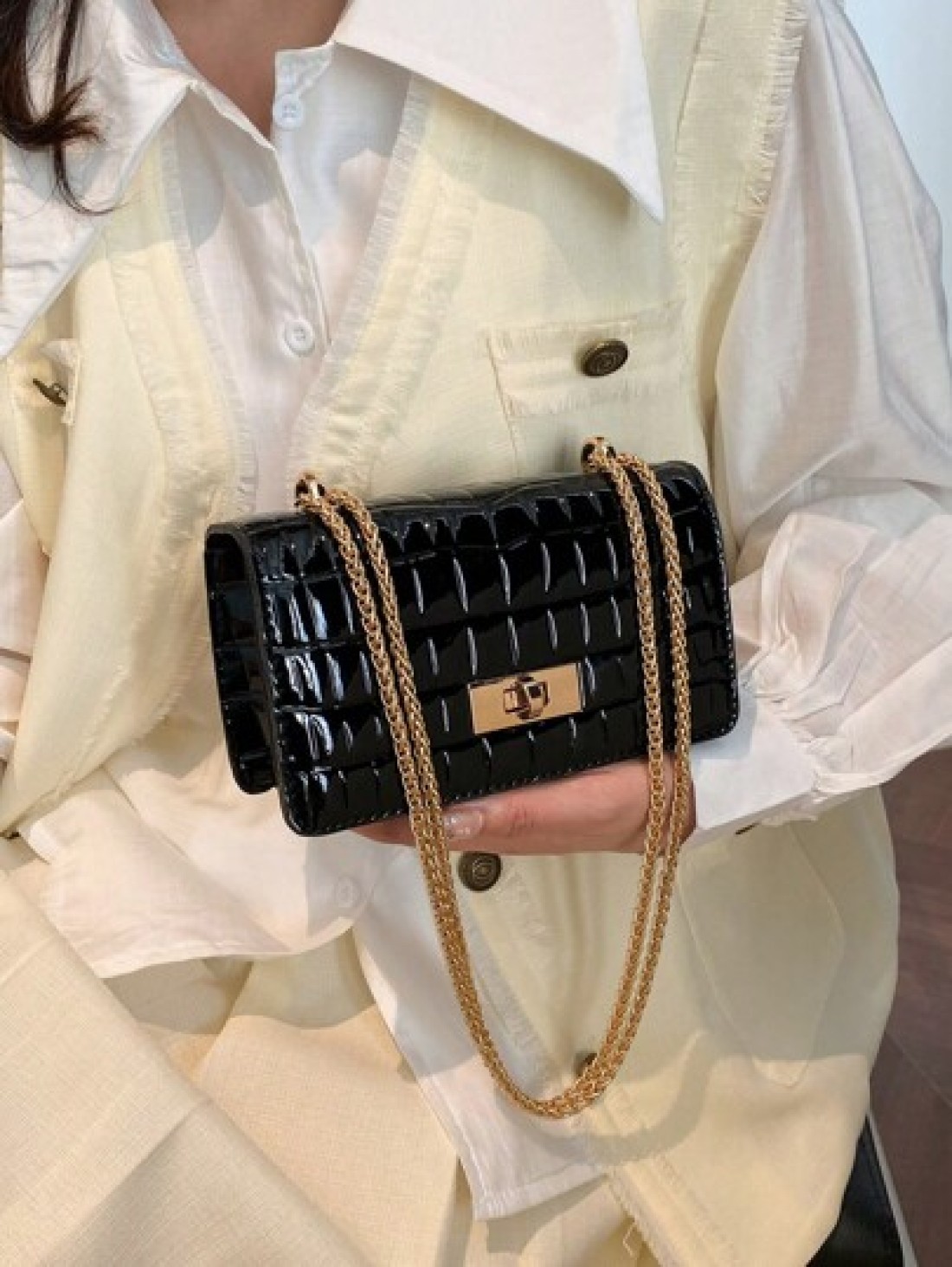 Faux Leather Solid Crocodile Embossed Fashion Mini Chain Strap Shoulder Bag