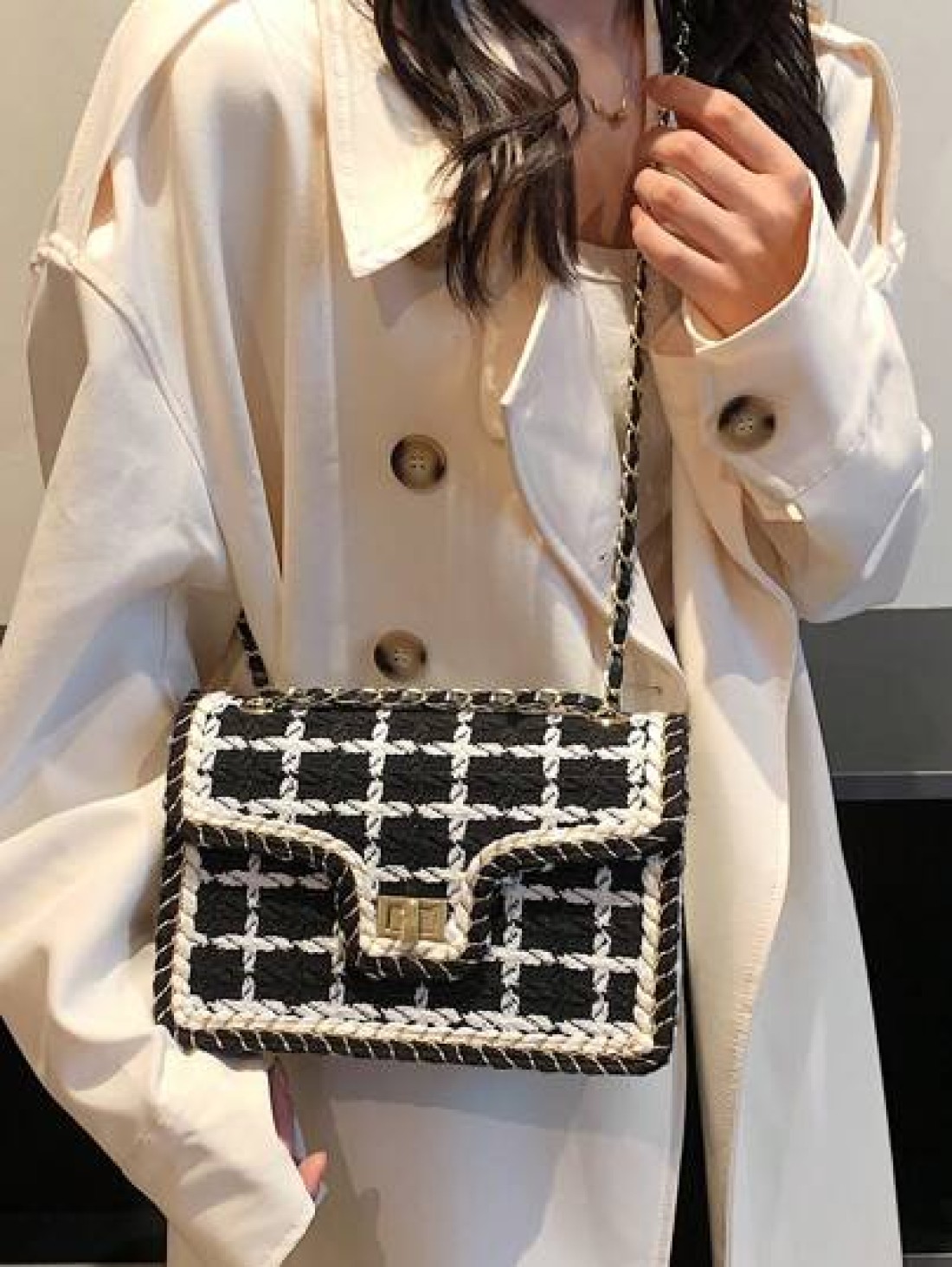 New Simple And Fashionable Black And White Plaid Woolen Single Shoulder Crossbody Small Square Bag Suitable For Women s Vacation Travel Daily Use Dating Gifts