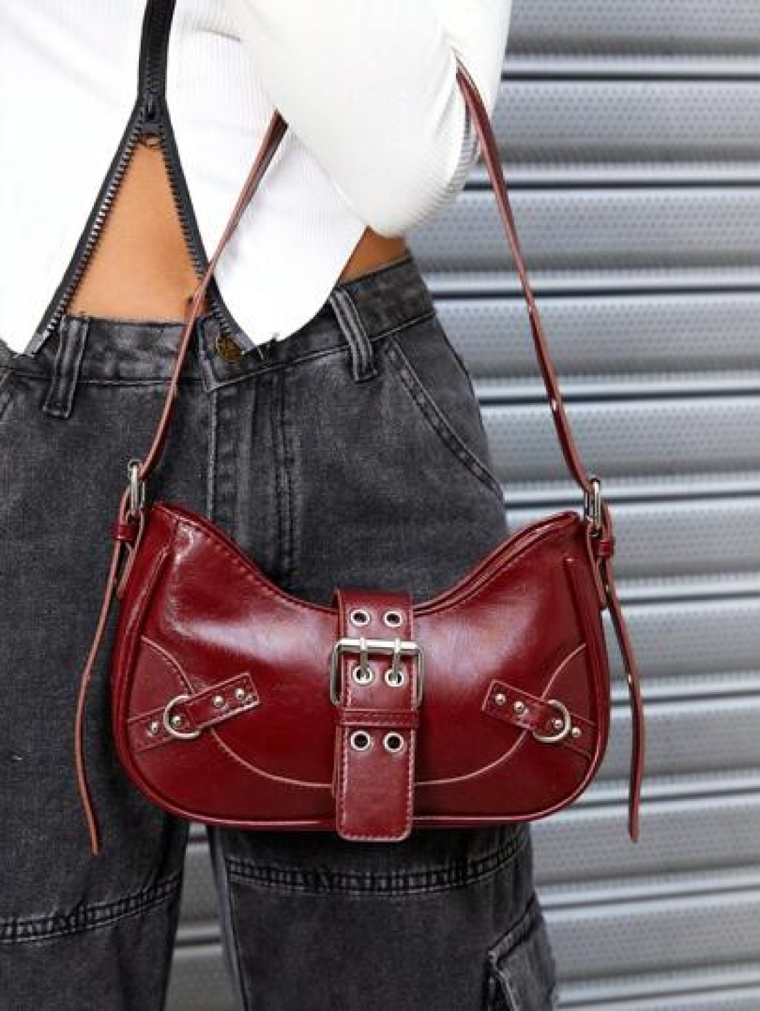 SHEIN ICON 1pc Rivet Decorated Punk Style Buckle Closure Y2K Fashion Women s Shoulder Bag Adjustable Strap For Teenagers Fashionable Burgundy Bag Valentines