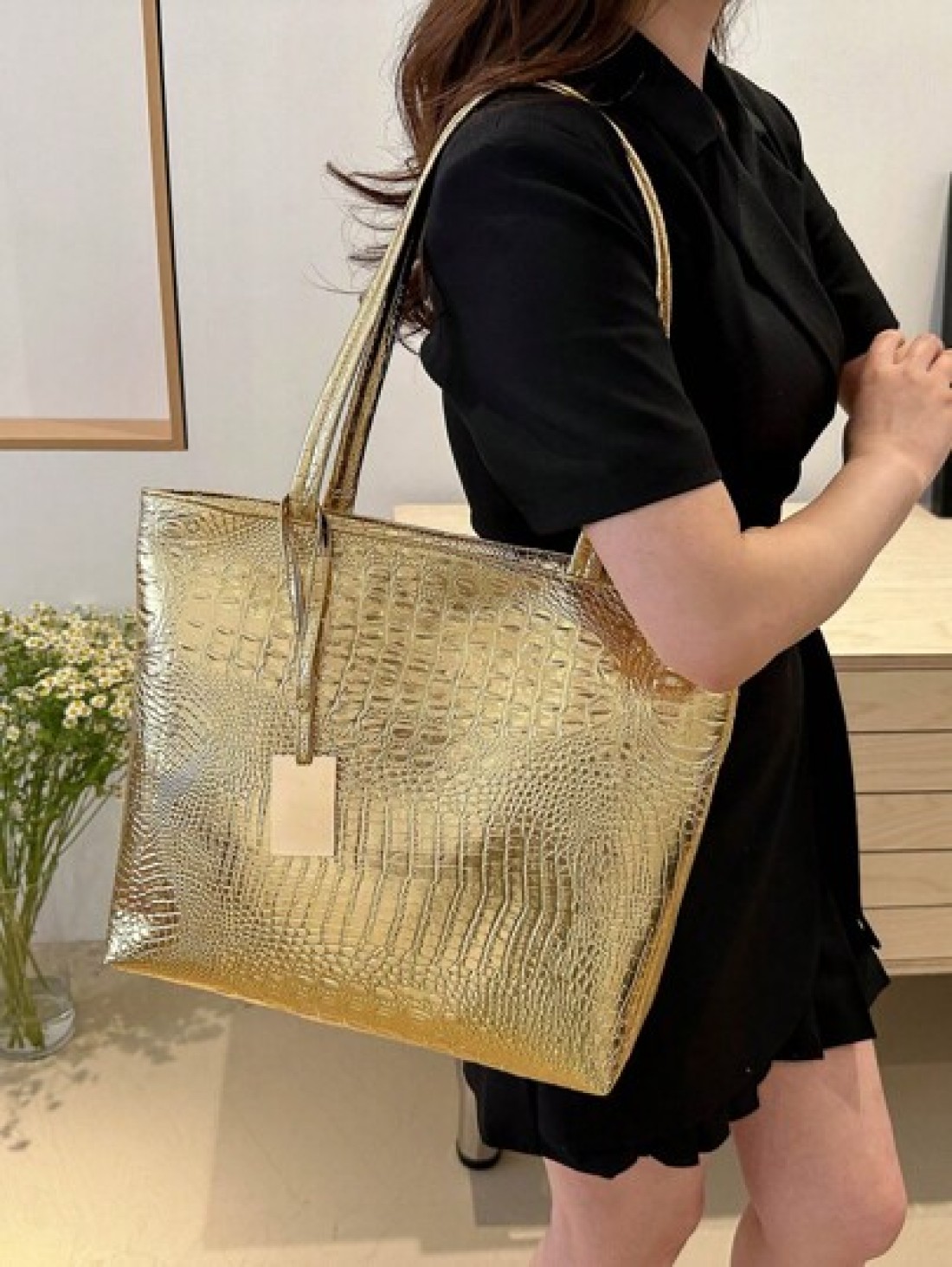Large Capacity PU Leather Shoulder Handbag Crocodile Pattern Fashion Tote Bag Crossbody Bag Work School Commute Bag