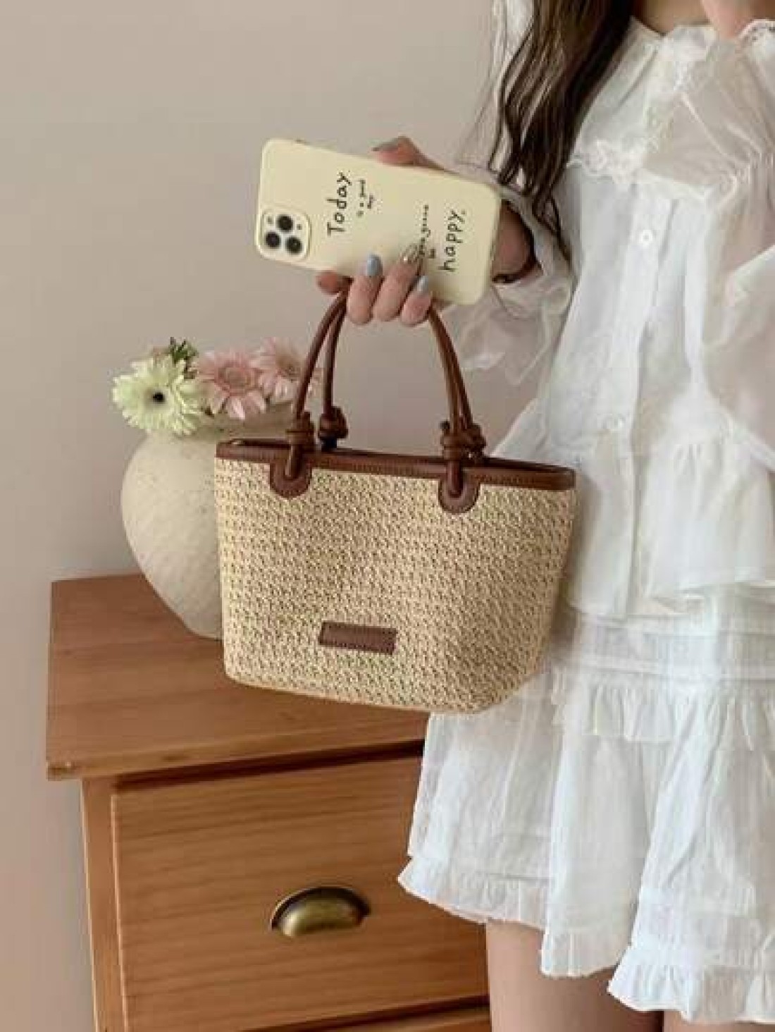 Summer Beach Vacation Straw Woven Handbag Tote Shoulder Bag Rope Knot Picnic Basket Bag Fashion For Women Girls Going Out Shopping Gift