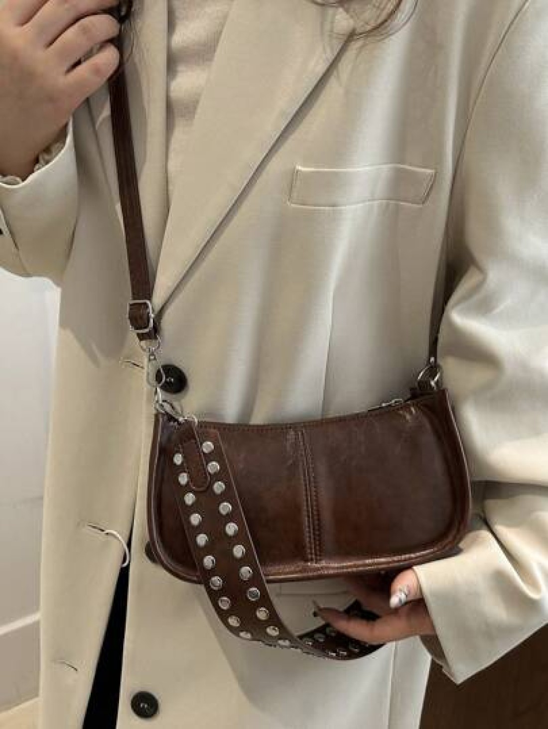 Fashionable Retro Rectangular Handbag Women s Rivet Decor Underarm Tote Bag Classic Zipper Shoulder Bag