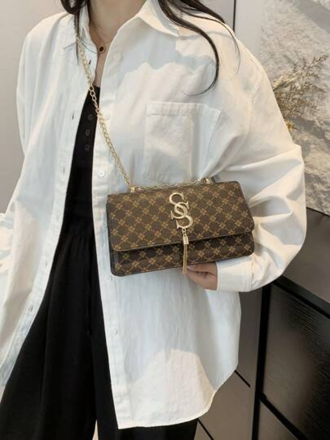 Plaid Rhombus Floral Pattern Flap Baguette Bag For Women Metal Tassel Letter Decor Shoulder Crossbody Handheld Multi Use Commute Bag