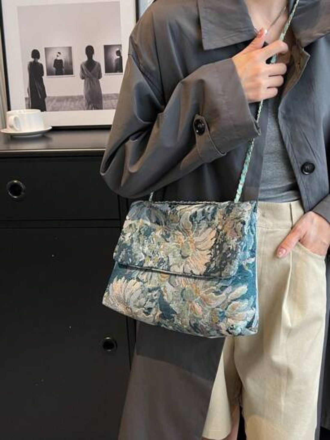 Floral Pattern Square Bag Flap Polyester Chain Strap