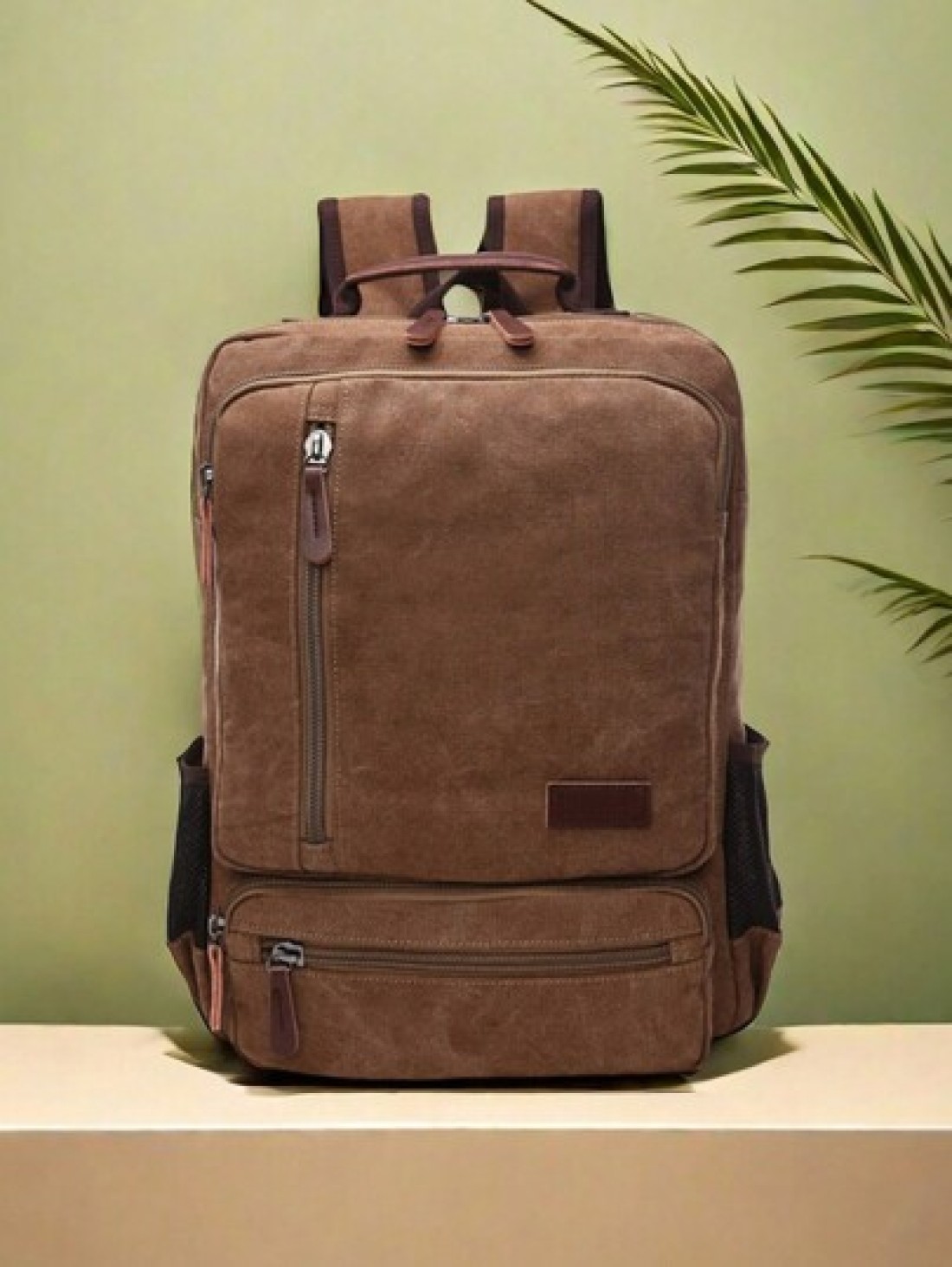 1pc Fashionable Canvas Backpack With Large Capacity And Multiple Pockets Wear Resistant Leather Handle Suitable Students Outdoor Travel Business Trip Laptop Backpack Commute Book Bag School Bag Portab