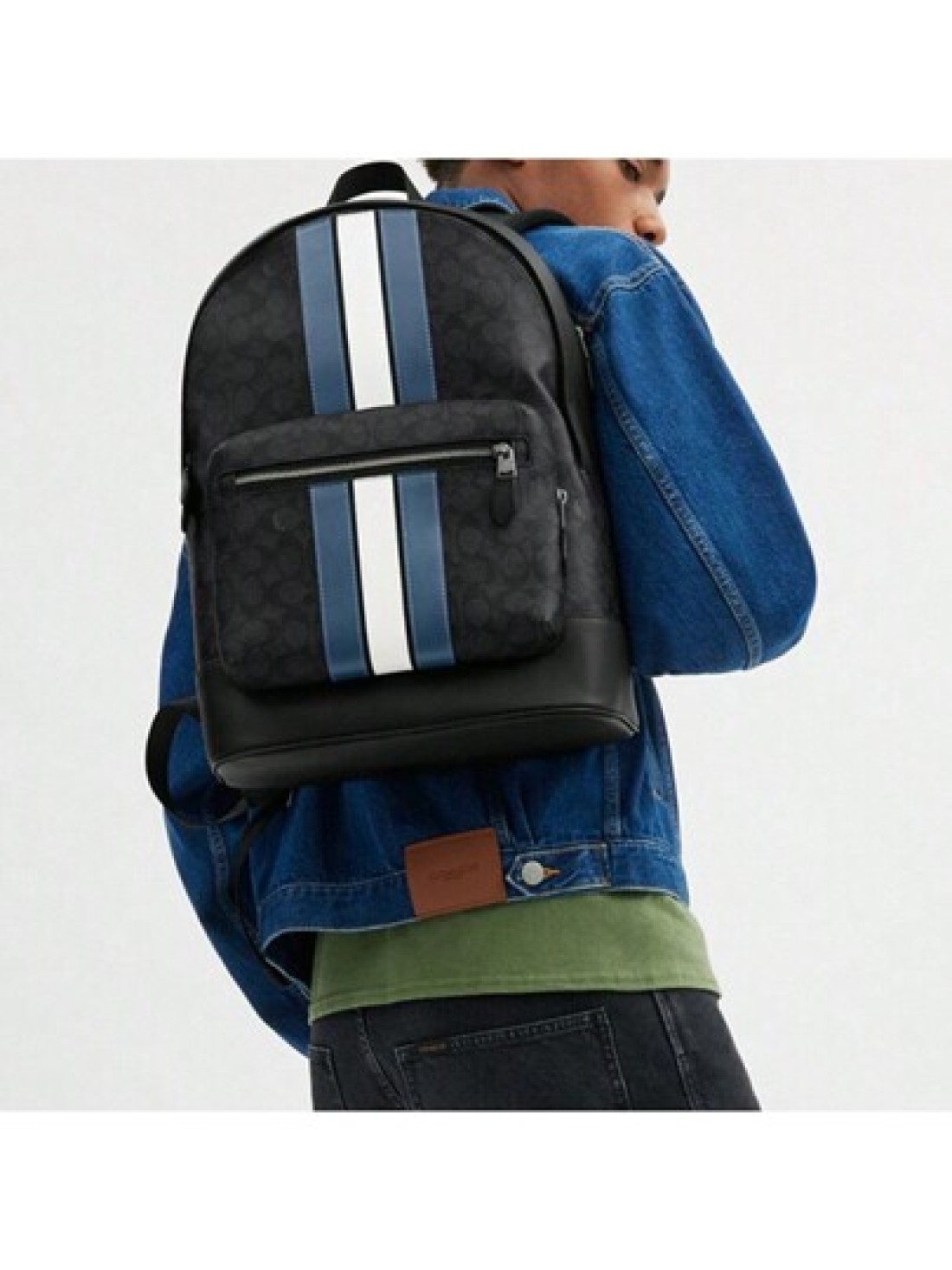 Coach WEST 32 Stripe Colorblock Zipper Closure Faux Leather Backpack Large Size Men s Charcoal Black Denim Blue Chalk White