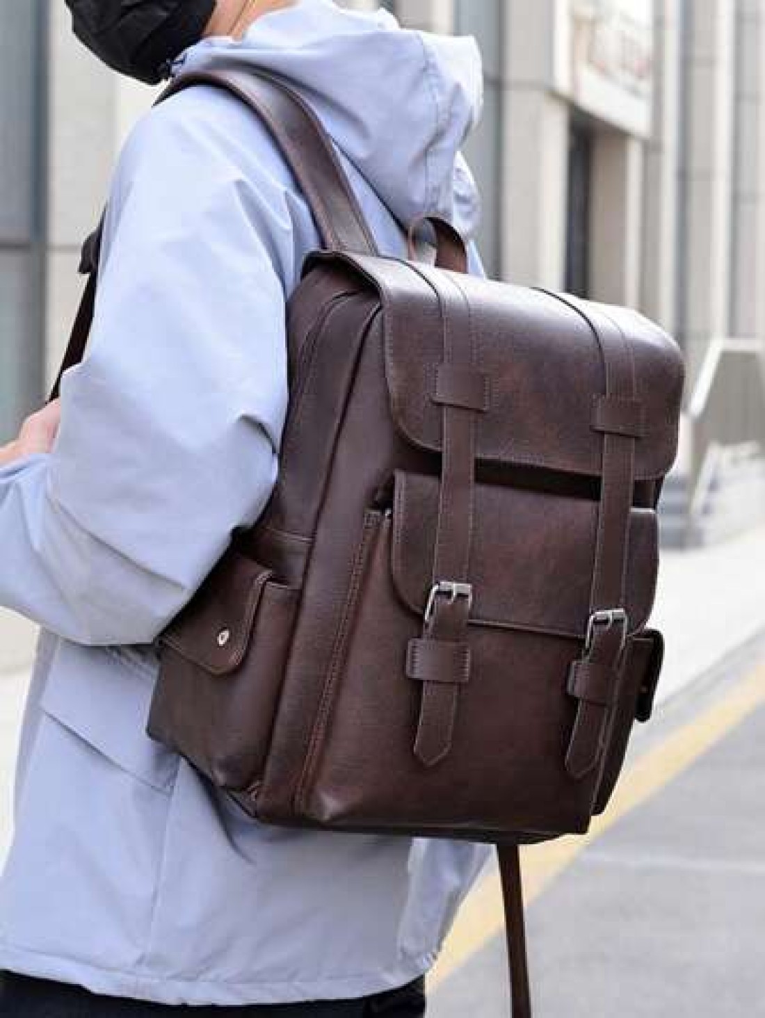 Men s Fashionable Casual Plain PU Flap Multi Pocket Large Capacity Backpack Suitable For Business Shopping Travel And Versatile Wear