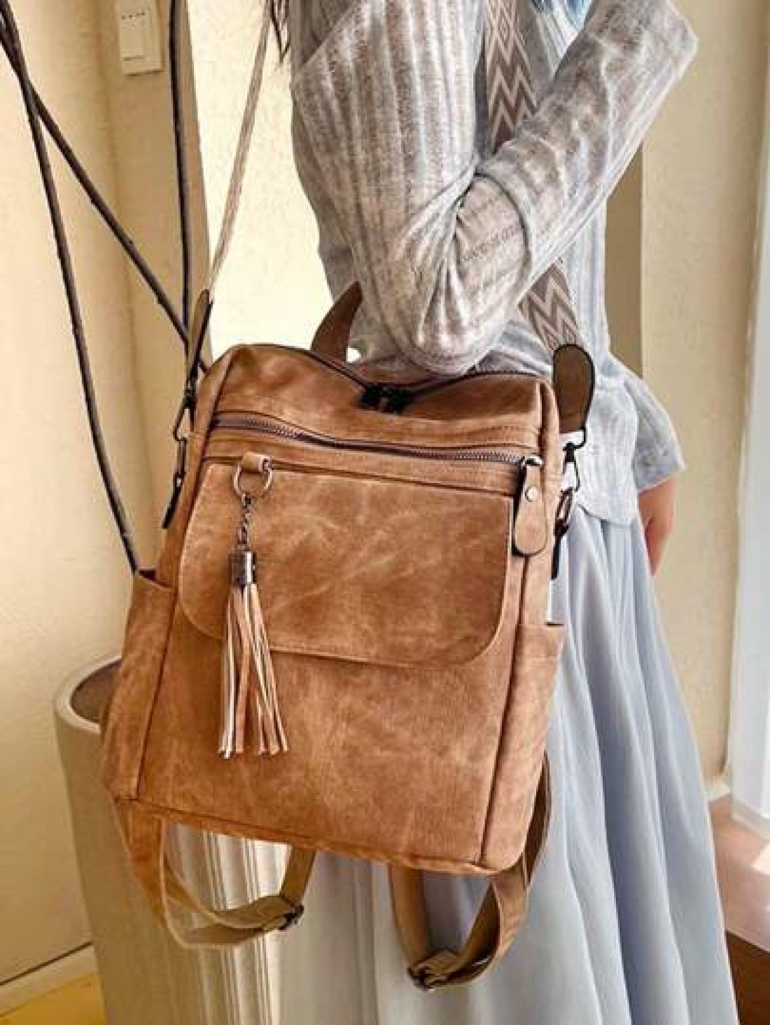 Chic Tassel Faux Leather Backpack For Women Versatile Waterproof With Adjustable Straps Zip Closure Perfect For Casual Outings